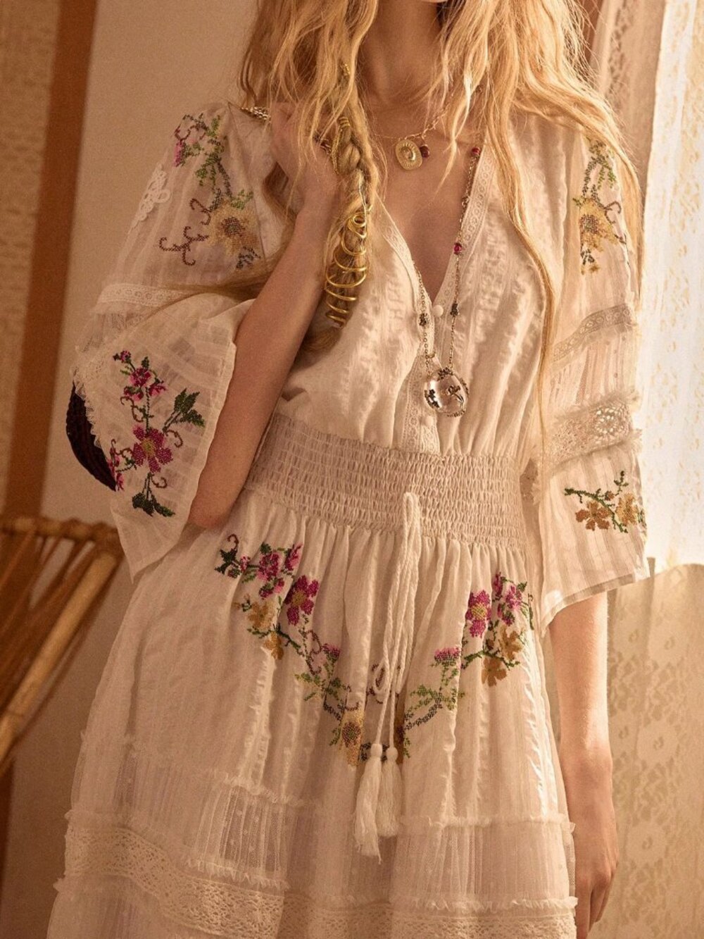 Beige Boho Women's Embroidered Patchwork Long Vacation Dress - Picture 8 of 8